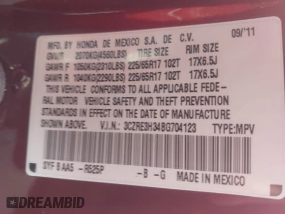 ✅ 2011 Honda CR-V LX • VIN: 3CZRE3H34BG704123 • Lot: 43477788. Listed on IAAI with 127,989 mi. Free auction sales archive from the USA and detailed vehicle history report at DreamBid. Image 9.