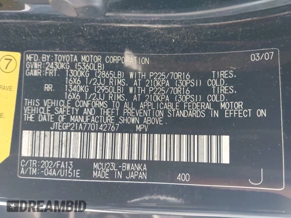 ✅ 2007 Toyota Highlander • VIN: JTEGP21A770142767 • Лот: 43350844. Опубликован ранее на IAAI с пробегом 203 371 миль. Бесплатный доступ к архиву аукционных продаж из США и подробный отчёт об истории автомобиля на DreamBid. Изображение 9.