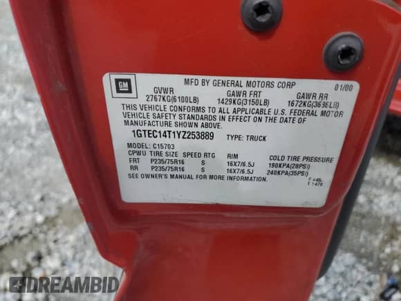 2000 GMC Sierra 1500 SLE с VIN 1GTEC14T1YZ253889, выставлен на аукционе Copart как лот 59276755 с пробегом 255 270 миль миль и Списание • Salvage title. История ставок и продаж доступна на DreamBid. Изображение 12.