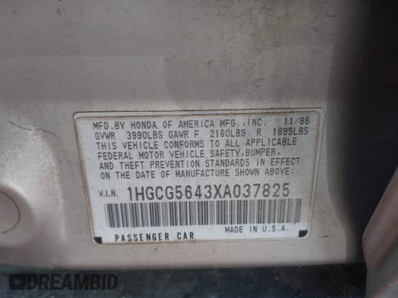 1999 Honda Accord LX z VIN 1HGCG5643XA037825, wystawiony jako IAAI lot #41965768 z przebiegiem 150 397 mil mil oraz . Historia ofert i sprzedaży dostępna na DreamBid. Obrazek 9.