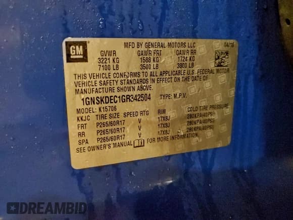 ✅ 2016 Chevrolet Tahoe Commercial • VIN: 1GNSKDEC1GR342504 • Lot: 94979905. Listed on Copart with 148,516 mi. Free auction sales archive from the USA and detailed vehicle history report at DreamBid. Image 13.