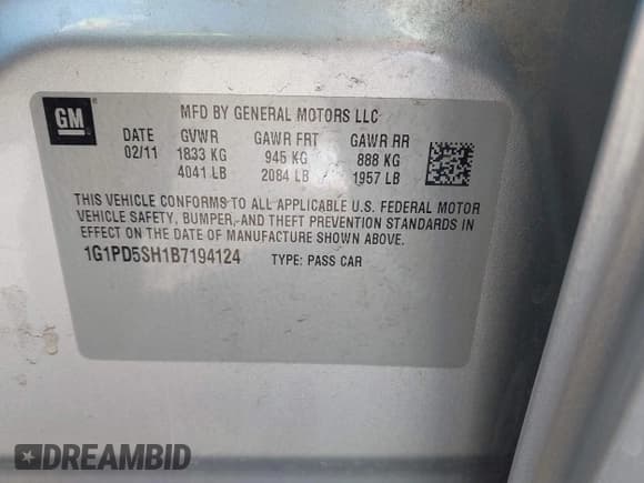 ✅ 2011 Chevrolet Cruze LS • VIN: 1G1PD5SH1B7194124 • Lot: 43351964. Wystawiony na IAAI z przebiegiem 193 314 mil. Bezpłatny archiwum sprzedaży aukcyjnych z USA i szczegółowy raport historii pojazdu na DreamBid. Zdjęcie 9.