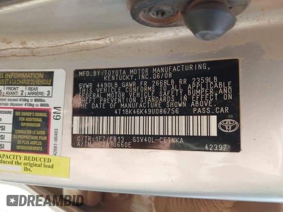 ✅ 2009 Toyota Camry LE • VIN: 4T1BK46K49U086756 • Lot: 42843597. Listed on IAAI with 244,959 mi. Free auction sales archive from the USA and detailed vehicle history report at DreamBid. Image 9.