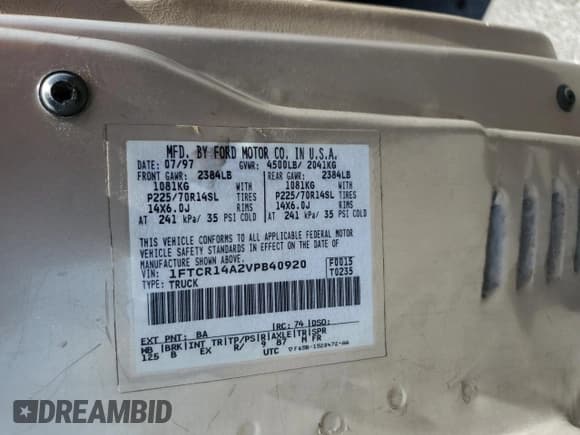 ✅ 1997 Ford Ranger XL • VIN: 1FTCR14A2VPB40920 • Lot: 57128065. Listed on Copart with 179,876 mi. Free auction sales archive from the USA and detailed vehicle history report at DreamBid. Image 12.