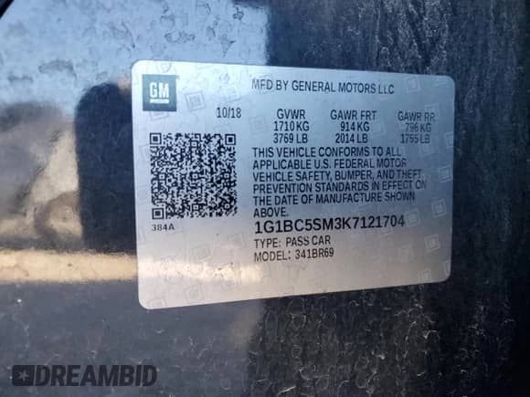 2019 Chevrolet Cruze LS with VIN 1G1BC5SM3K7121704, listed as a Copart auction lot 91027845 with 48,610 mi miles and Salvage title. Bid and sale history available at DreamBid. Image 12.