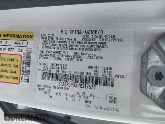 ✅ 2017 Ford Fusion Hybrid Titanium • VIN: 3FA6P0RUXHR317572 • Lot: 42170169. Listed on IAAI with 138,987 mi. Free auction sales archive from the USA and detailed vehicle history report at DreamBid. Image 9.