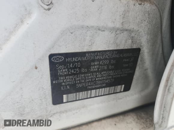 ✅ 2011 Hyundai Sonata GLS • VIN: 5NPEB4AC7BH154579 • Lot: 84057945. Listed on Copart with 169,437 mi. Free auction sales archive from the USA and detailed vehicle history report at DreamBid. Image 12.