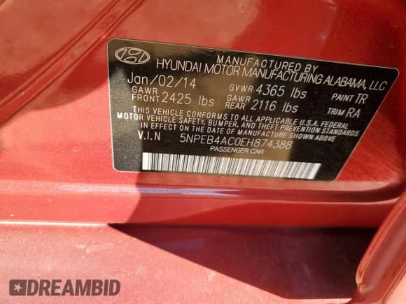 2014 Hyundai Sonata GLS with VIN 5NPEB4AC0EH874388, listed as a Copart auction lot 46706055 with 168,658 mi miles and Clean title. Bid and sale history available at DreamBid. Image 12.