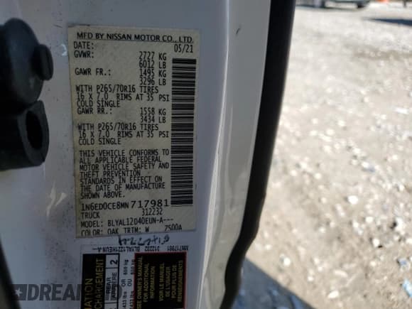 ✅ 2021 Nissan Frontier S • VIN: 1N6ED0CE8MN717981 • Лот: 78837034. Опубликован ранее на Copart с пробегом Не указан. Бесплатный доступ к архиву аукционных продаж из США и подробный отчёт об истории автомобиля на DreamBid. Изображение 14.