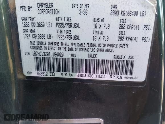 ✅ 1996 Dodge 1500 • VIN: 1B7HC13Z0TJ164020 • Lot: 42810135. Listed on IAAI with 399,797 mi. Free auction sales archive from the USA and detailed vehicle history report at DreamBid. Image 9.