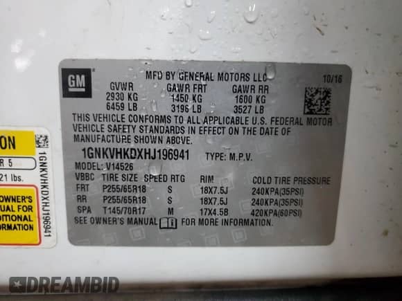 2017 Chevrolet Traverse LT z VIN 1GNKVHKDXHJ196941, wystawiony jako Copart lot #67199035 z przebiegiem 143 548 mil mil oraz Czysty tytuł • Clean title. Historia ofert i sprzedaży dostępna na DreamBid. Obrazek 13.