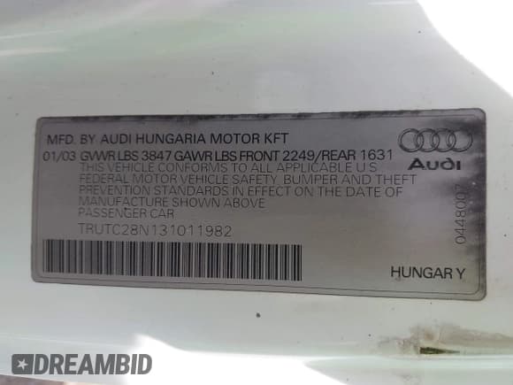 ✅ 2003 Audi TT • VIN: TRUTC28N131011982 • Lot: 42644751. Listed on IAAI with 141,886 mi. Free auction sales archive from the USA and detailed vehicle history report at DreamBid. Image 9.