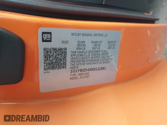 ✅ 2022 Chevrolet Corvette 2LT • VIN: 1G1YB2D4XN5111891 • Лот: 42445789. Опубликован ранее на IAAI с пробегом 41 672 миль. Бесплатный доступ к архиву аукционных продаж из США и подробный отчёт об истории автомобиля на DreamBid. Изображение 9.