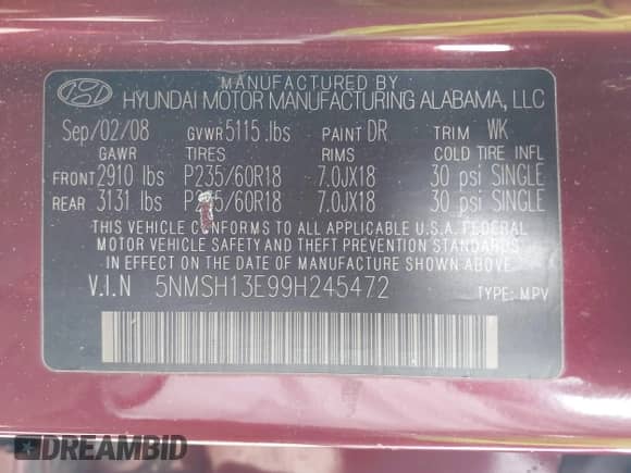 2009 Hyundai Santa Fe Limited z VIN 5NMSH13E99H245472, wystawiony jako IAAI lot #43185896 z przebiegiem 211 040 mil mil oraz . Historia ofert i sprzedaży dostępna na DreamBid. Obrazek 9.