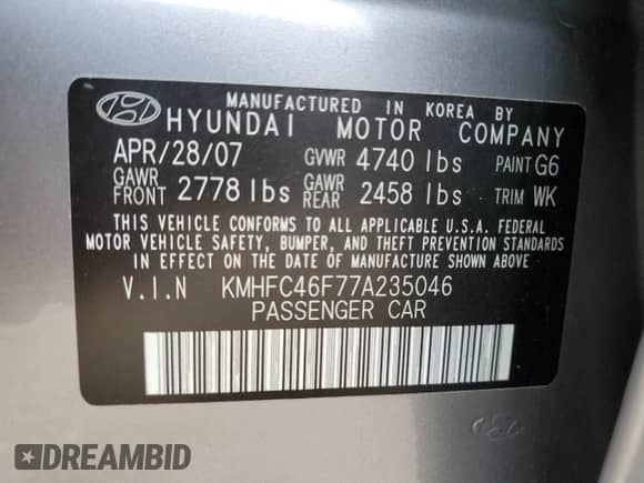 2007 Hyundai Azera SE с VIN KMHFC46F77A235046, выставлен на аукционе Copart как лот 54210305 с пробегом 190 250 миль миль и Списание • Salvage title. История ставок и продаж доступна на DreamBid. Изображение 12.