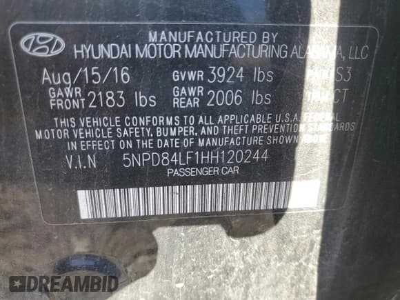 ✅ 2017 Hyundai Elantra Limited • VIN: 5NPD84LF1HH120244 • Lot: 92083855. Listed on Copart with 104,158 mi. Free auction sales archive from the USA and detailed vehicle history report at DreamBid. Image 12.