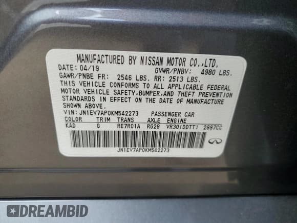 ✅ 2019 Infiniti Q50 Luxe • VIN: JN1EV7AP0KM542273 • Lot: 50639035. Listed on Copart with 44,001 mi. Free auction sales archive from the USA and detailed vehicle history report at DreamBid. Image 12.