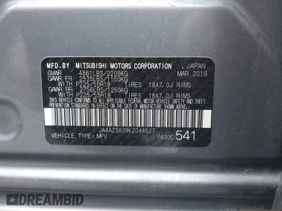 2019 Mitsubishi Outlander ES с VIN JA4AZ3A39KZ044527, выставлен на аукционе IAAI как лот 41815321 с пробегом 61 846 миль миль и . История ставок и продаж доступна на DreamBid. Изображение 9.