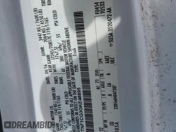 ✅ 2016 Ford F-150 XL • VIN: 1FTNF1CG3GKE48895 • Lot: 71029485. Listed on Copart with Not provided. Free auction sales archive from the USA and detailed vehicle history report at DreamBid. Image 12.