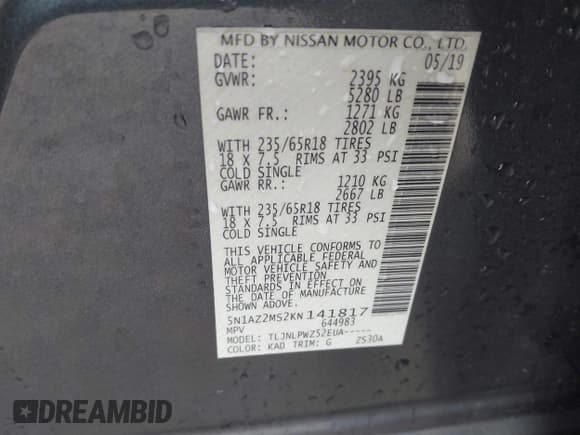 ✅ 2019 Nissan Murano SL • VIN: 5N1AZ2MS2KN141817 • Lot: 43724999. Listed on IAAI with 90,215 mi. Free auction sales archive from the USA and detailed vehicle history report at DreamBid. Image 9.