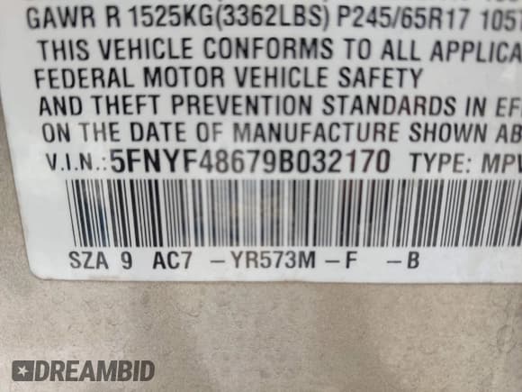 ✅ 2009 Honda Pilot EX-L • VIN: 5FNYF48679B032170 • Lot: 43110642. Wystawiony na IAAI z przebiegiem 182 996 mil. Bezpłatny archiwum sprzedaży aukcyjnych z USA i szczegółowy raport historii pojazdu na DreamBid. Zdjęcie 9.