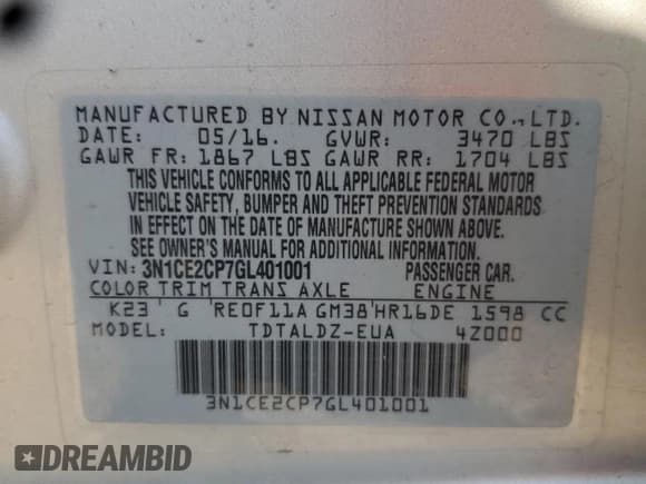 ✅ 2016 Nissan Note S Plus • VIN: 3N1CE2CP7GL401001 • Lot: 80146785. Wystawiony na Copart z przebiegiem 193 812 mil. Bezpłatny archiwum sprzedaży aukcyjnych z USA i szczegółowy raport historii pojazdu na DreamBid. Zdjęcie 13.