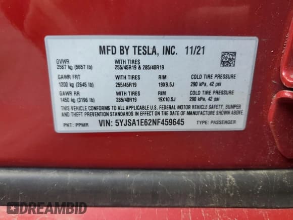 ✅ 2022 Tesla Model S Plaid • VIN: 5YJSA1E62NF459645 • Lot: 48452615. Wystawiony na Copart z przebiegiem 43 587 mil. Bezpłatny archiwum sprzedaży aukcyjnych z USA i szczegółowy raport historii pojazdu na DreamBid. Zdjęcie 12.