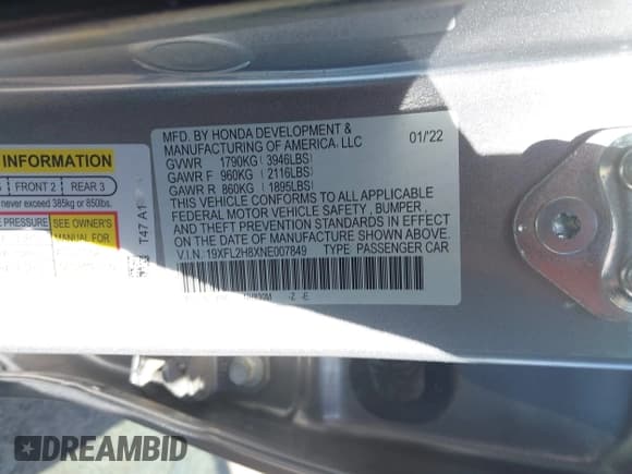 ✅ 2022 Honda Civic Sport • VIN: 19XFL2H8XNE007849 • Лот: 43505327. Опубликован ранее на IAAI с пробегом 60 264 миль. Бесплатный доступ к архиву аукционных продаж из США и подробный отчёт об истории автомобиля на DreamBid. Изображение 9.