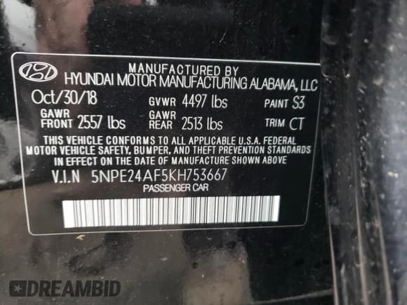 ✅ 2019 Hyundai Sonata SE • VIN: 5NPE24AF5KH753667 • Lot: 37212423. Listed on Copart with 23,768 mi. Free auction sales archive from the USA and detailed vehicle history report at DreamBid. Image 12.