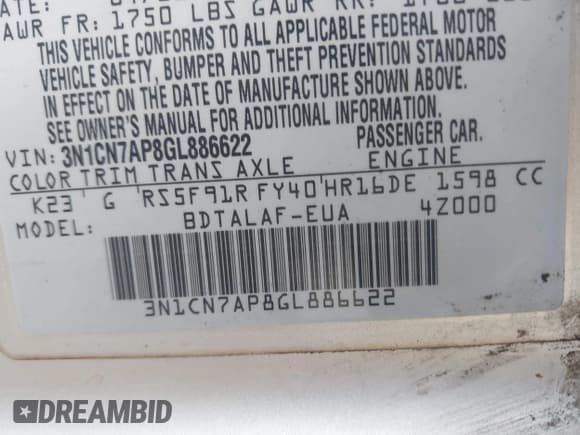 ✅ 2016 Nissan Versa SL • VIN: 3N1CN7AP8GL886622 • Lot: 41846744. Listed on IAAI with 219,390 mi. Free auction sales archive from the USA and detailed vehicle history report at DreamBid. Image 9.