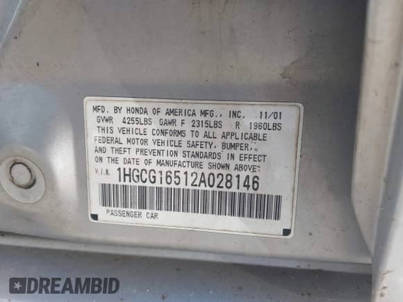 2002 Honda Accord EX с VIN 1HGCG16512A028146, выставлен на аукционе IAAI как лот 43554658 с пробегом 141 372 миль миль и . История ставок и продаж доступна на DreamBid. Изображение 9.