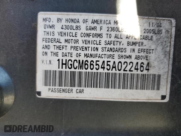 ✅ 2005 Honda Accord EX-L • VIN: 1HGCM66545A022464 • Lot: 86234825. Wystawiony na Copart z przebiegiem 253 288 mil. Bezpłatny archiwum sprzedaży aukcyjnych z USA i szczegółowy raport historii pojazdu na DreamBid. Zdjęcie 13.