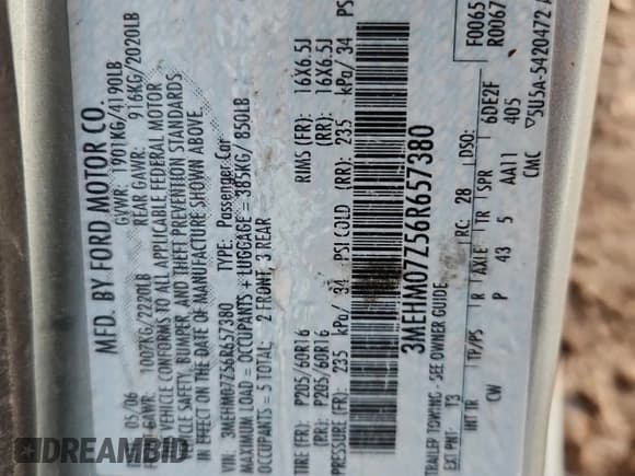 ✅ 2006 Mercury Milan • VIN: 3MEHM07Z56R657380 • Лот: 93089655. Опубликован ранее на Copart с пробегом 120 215 миль. Бесплатный доступ к архиву аукционных продаж из США и подробный отчёт об истории автомобиля на DreamBid. Изображение 12.