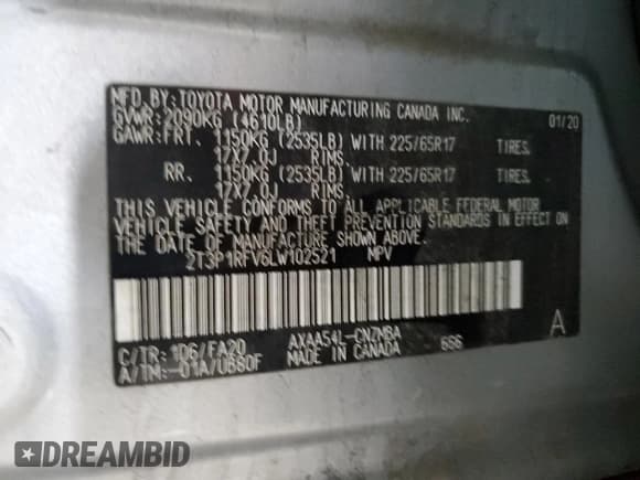 ✅ 2020 Toyota RAV4 XLE • VIN: 2T3P1RFV6LW102521 • Lot: 92921285. Listed on Copart with 41,784 mi. Free auction sales archive from the USA and detailed vehicle history report at DreamBid. Image 13.