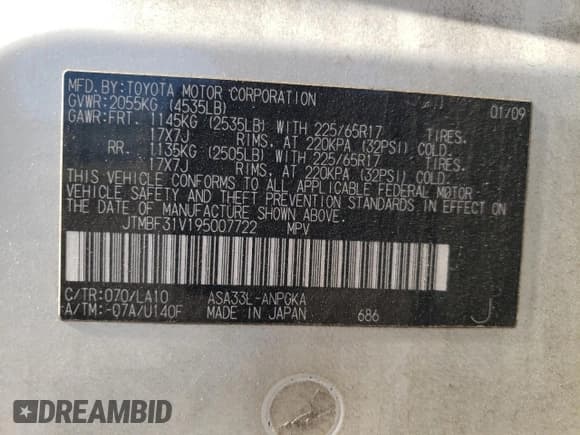 ✅ 2009 Toyota RAV4 Limited • VIN: JTMBF31V195007722 • Lot: 91556065. Listed on Copart with 193,407 mi. Free auction sales archive from the USA and detailed vehicle history report at DreamBid. Image 13.