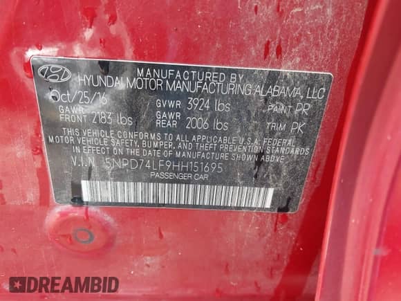 2017 Hyundai Elantra SE z VIN 5NPD74LF9HH151695, wystawiony jako IAAI lot #43352282 z przebiegiem 93 589 mil mil oraz . Historia ofert i sprzedaży dostępna na DreamBid. Obrazek 9.