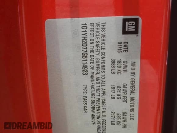 2016 Chevrolet Corvette Z51 1LT z VIN 1G1YH2D77G5114923, wystawiony jako Copart lot #60063705 z przebiegiem Nie podano mil oraz Szkoda całkowita • Salvage title. Historia ofert i sprzedaży dostępna na DreamBid. Obrazek 12.