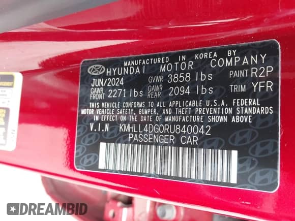 2024 Hyundai Elantra SE with VIN KMHLL4DG0RU840042, listed as a IAAI auction lot 43345194 with 33,567 mi miles and . Bid and sale history available at DreamBid. Image 9.