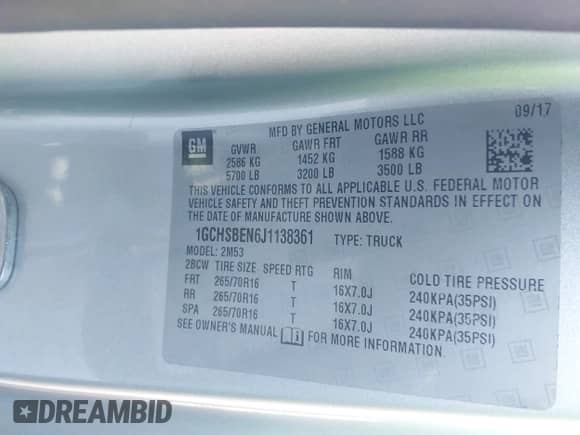 2018 Chevrolet Colorado 2WD Work Truck with VIN 1GCHSBEN6J1138361, listed as a IAAI auction lot 41588108 with 58,917 mi miles and . Bid and sale history available at DreamBid. Image 9.