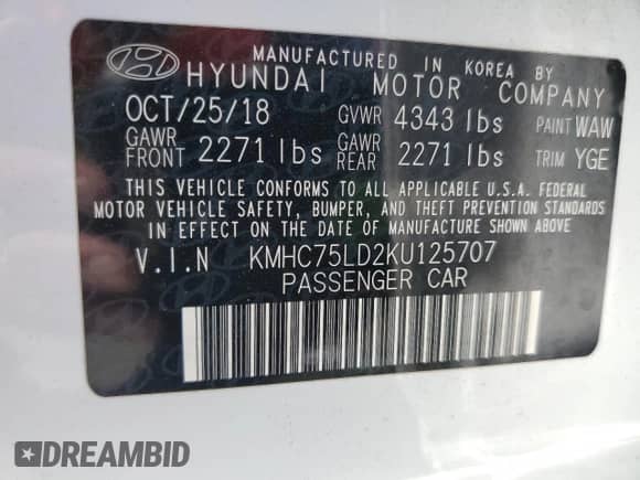2019 Hyundai Ioniq Limited with VIN KMHC75LD2KU125707, listed as a Copart auction lot 72266534 with 59,179 mi miles and Salvage title. Bid and sale history available at DreamBid. Image 13.