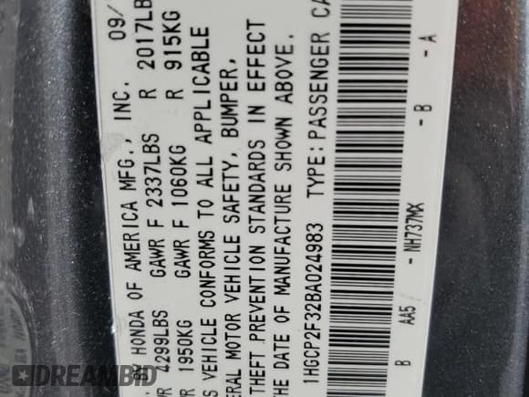 ✅ 2011 Honda Accord LX • VIN: 1HGCP2F32BA024983 • Lot: 57940145. Listed on Copart with 152,832 mi. Free auction sales archive from the USA and detailed vehicle history report at DreamBid. Image 12.