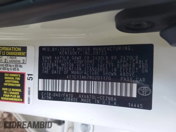 ✅ 2024 Toyota Camry LE • VIN: 4T1C11AK7RU201170 • Лот: 43441778. Опубликован ранее на IAAI с пробегом 26 431 миль. Бесплатный доступ к архиву аукционных продаж из США и подробный отчёт об истории автомобиля на DreamBid. Изображение 9.