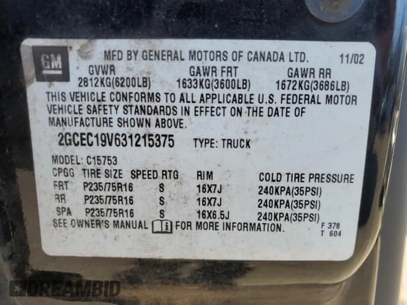 ✅ 2003 Chevrolet Silverado 1500 • VIN: 2GCEC19V631215375 • Лот: 80533994. Опубликован ранее на Copart с пробегом 124 294 миль. Бесплатный доступ к архиву аукционных продаж из США и подробный отчёт об истории автомобиля на DreamBid. Изображение 12.