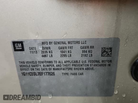 ✅ 2014 Chevrolet Malibu LT • VIN: 1G11C5SL7EF177626 • Lot: 87034645. Listed on Copart with 118,202 mi. Free auction sales archive from the USA and detailed vehicle history report at DreamBid. Image 12.