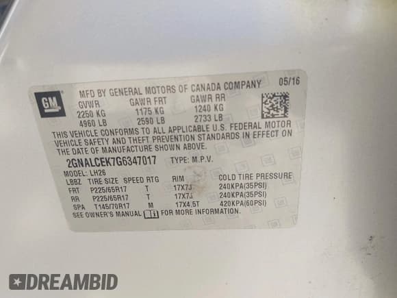 ✅ 2016 Chevrolet Equinox LT • VIN: 2GNALCEK7G6347017 • Lot: 43464329. Listed on IAAI with 264,520 mi. Free auction sales archive from the USA and detailed vehicle history report at DreamBid. Image 9.