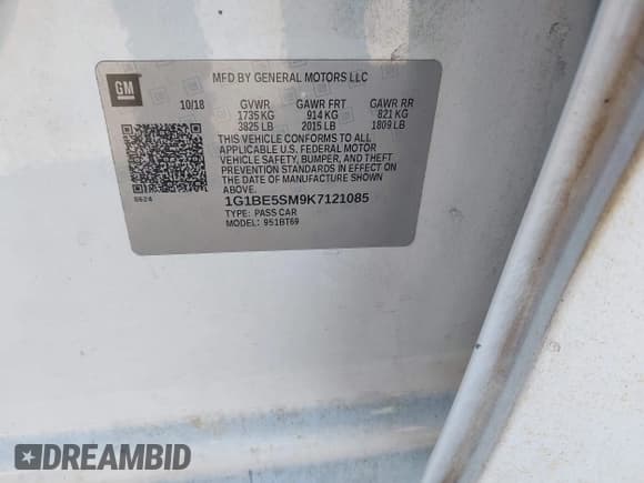 ✅ 2019 Chevrolet Cruze LT • VIN: 1G1BE5SM9K7121085 • Lot: 43693930. Listed on IAAI with 161,367 mi. Free auction sales archive from the USA and detailed vehicle history report at DreamBid. Image 9.