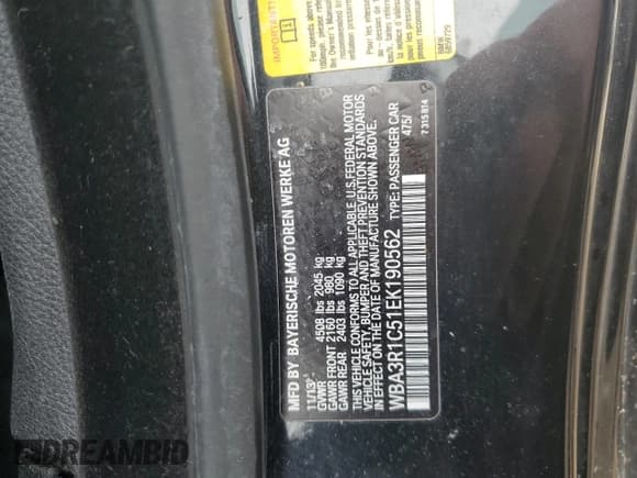 ✅ 2014 BMW 4 Series 435i • VIN: WBA3R1C51EK190562 • Lot: 61563835. Listed on Copart with 102,418 mi. Free auction sales archive from the USA and detailed vehicle history report at DreamBid. Image 12.