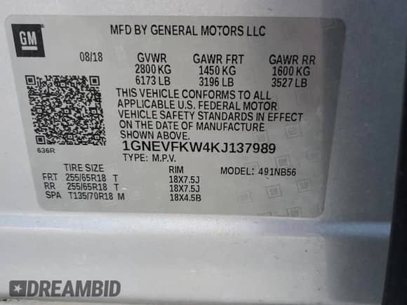 2019 Chevrolet Traverse LS z VIN 1GNEVFKW4KJ137989, wystawiony jako Copart lot #82739665 z przebiegiem 82 652 mil mil oraz Szkoda całkowita • Salvage title. Historia ofert i sprzedaży dostępna na DreamBid. Obrazek 13.