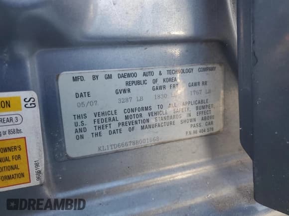 ✅ 2008 Chevrolet Aveo LS • VIN: KL1TD66678B001668 • Лот: 42423035. Опубликован ранее на Copart с пробегом 107 500 миль. Бесплатный доступ к архиву аукционных продаж из США и подробный отчёт об истории автомобиля на DreamBid. Изображение 12.