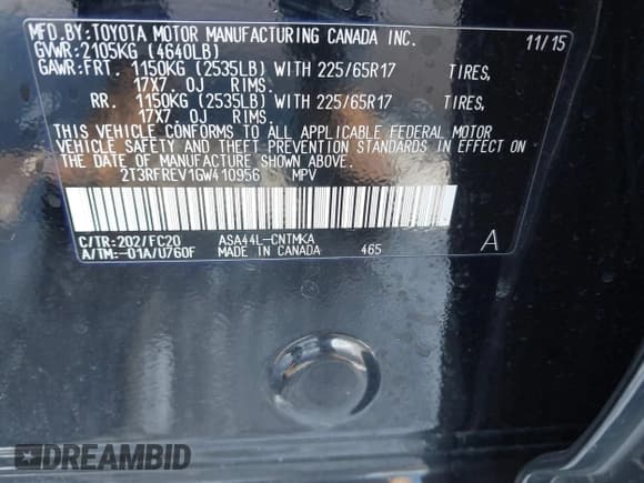 ✅ 2016 Toyota RAV4 XLE • VIN: 2T3RFREV1GW410956 • Lot: 41739007. Listed on IAAI with 108,642 mi. Free auction sales archive from the USA and detailed vehicle history report at DreamBid. Image 9.